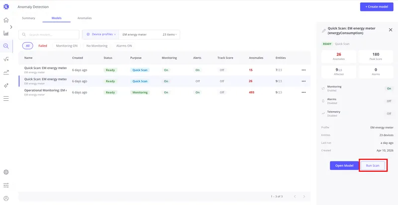 Models tab with a model row selected and Run Scan button highlighted in the detail panel