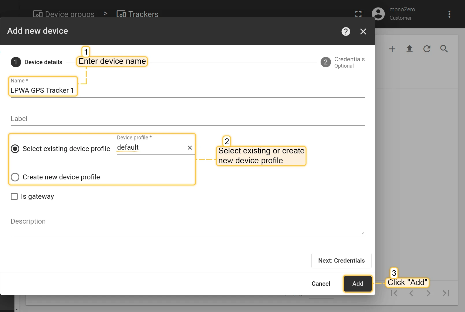 Add device dialog