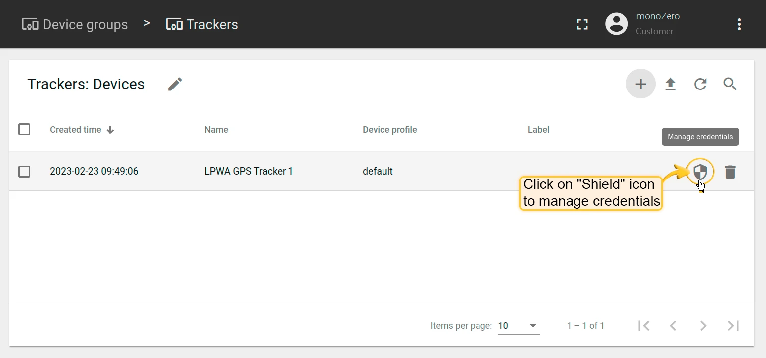 Device list showing Manage credentials icon