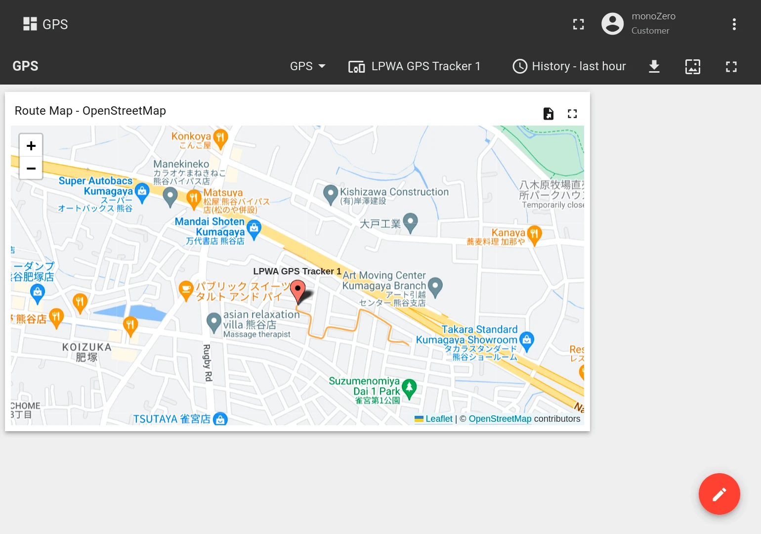 ThingsBoard dashboard with OpenStreetMap widget showing GPS location