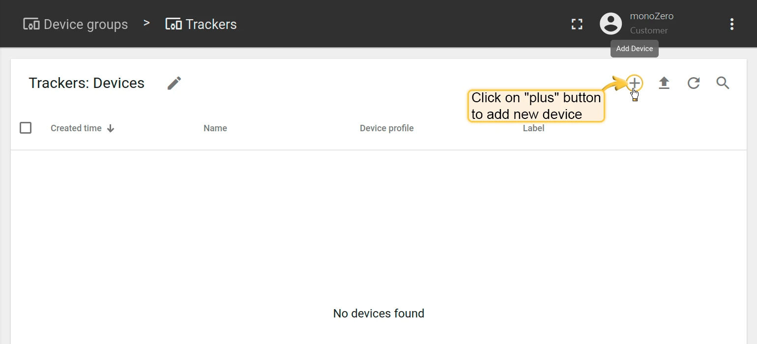 ThingsBoard Devices page with Add button