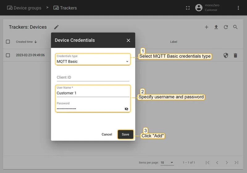 MQTT Basic credentials form