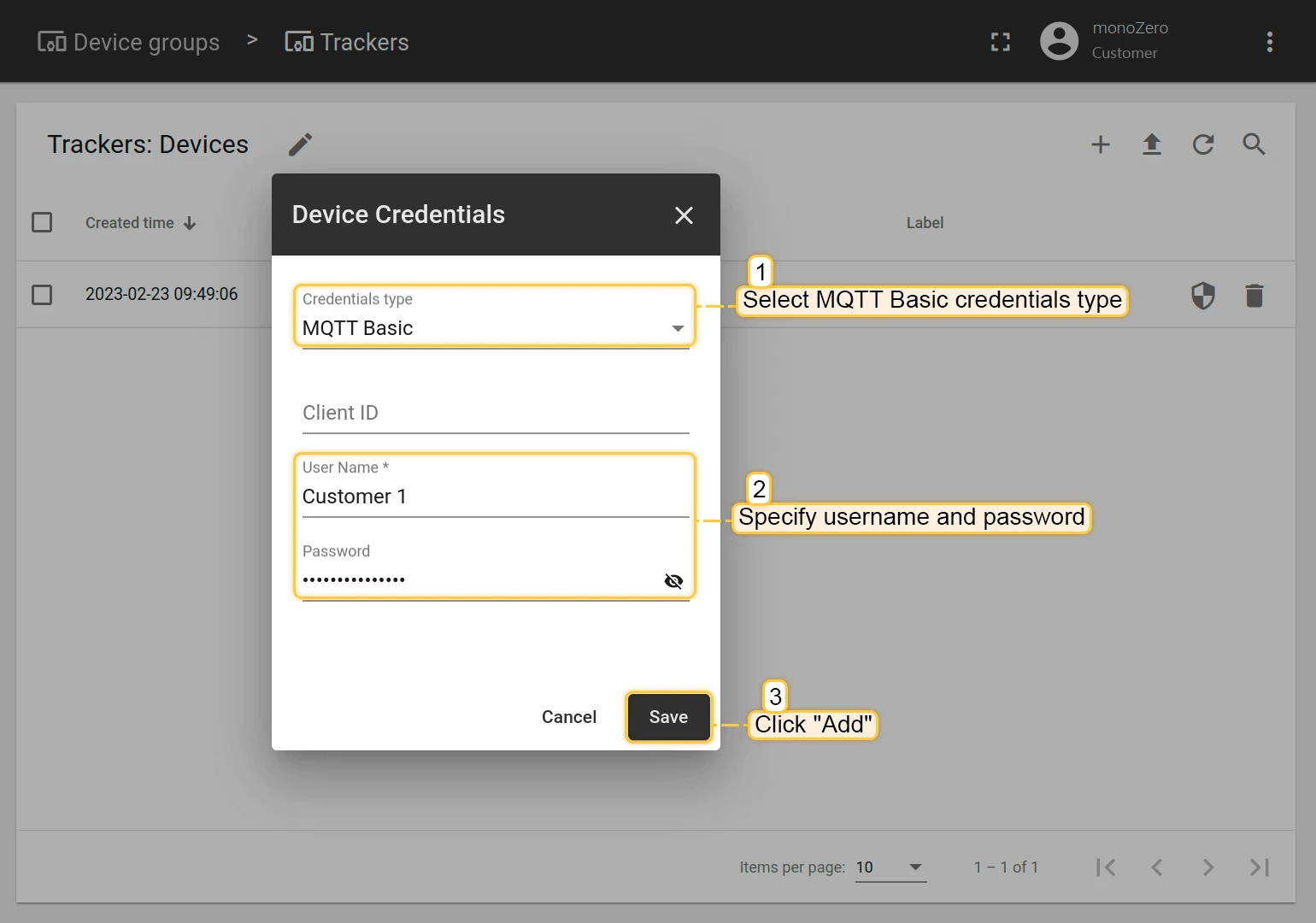 MQTT Basic credentials form