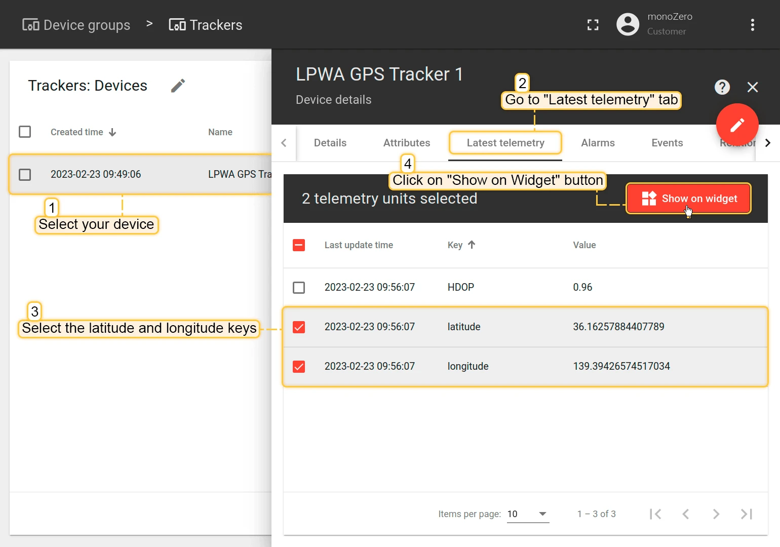 Latest telemetry tab with latitude and longitude keys selected