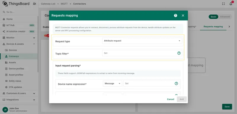 Select Attribute request type and enter Topic filter