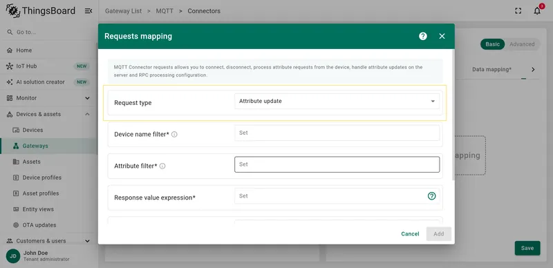 Select Attribute update type and enter Device name filter