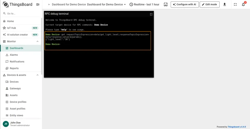 MQTT GET RPC showing the response received on the response topic