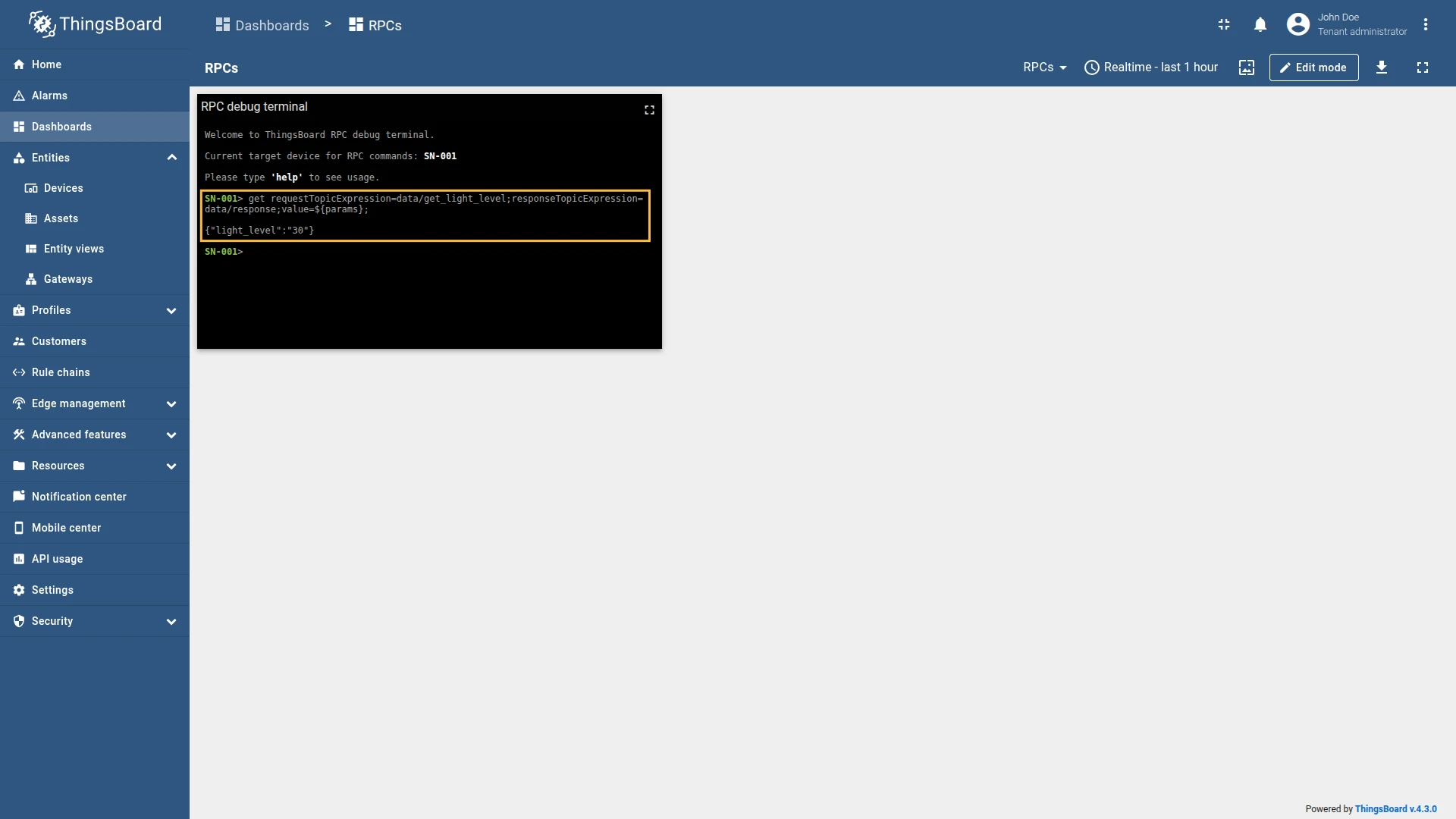 MQTT GET RPC showing the response received on the response topic
