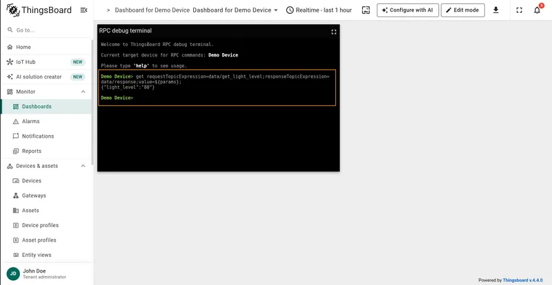 MQTT GET RPC confirming the light level was updated to 80