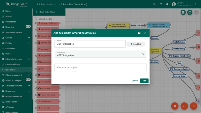 Integration downlink node configuration for MQTT integration