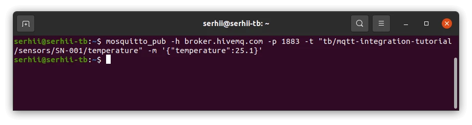 Terminal window: mosquitto_pub command publishing {"temperature":25.1} to broker.hivemq.com, no output after the command