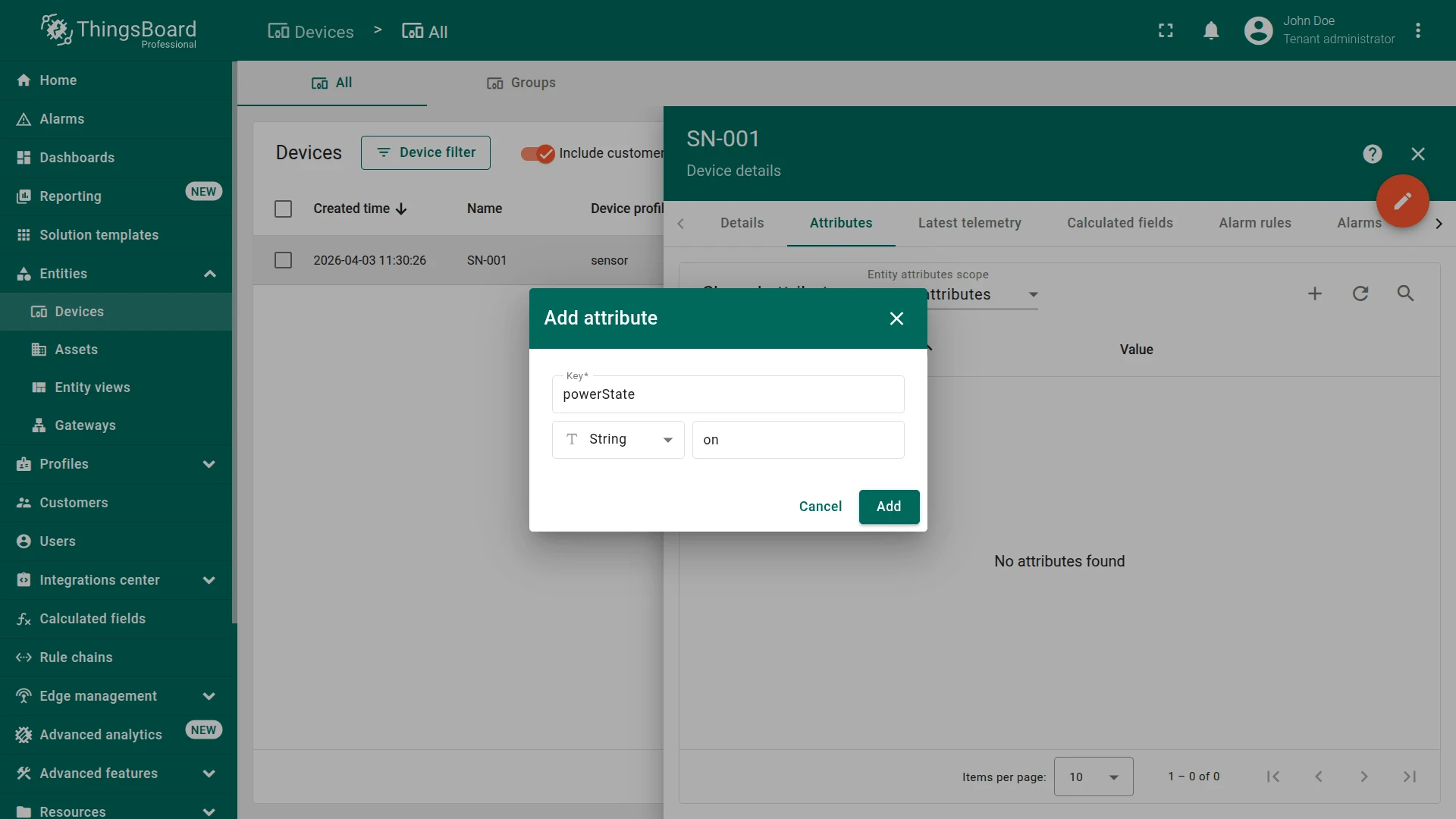 Add attribute dialog for device