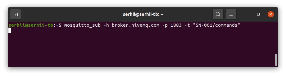 Terminal with mosquitto_sub command for subscribing to device commands topic