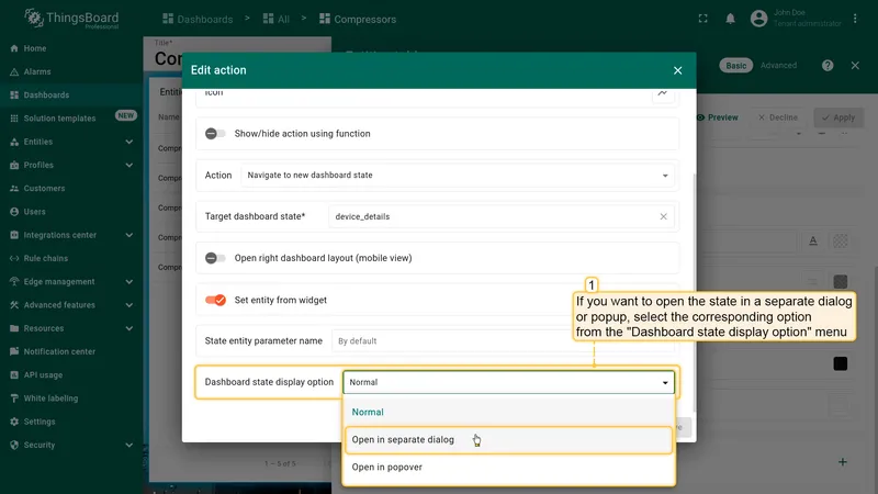 Dashboard state display option dropdown
