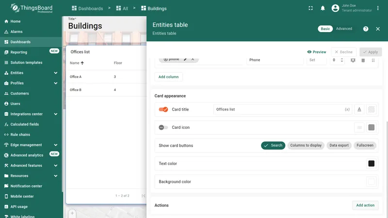 Widget settings panel displaying the Actions section with the Add action button