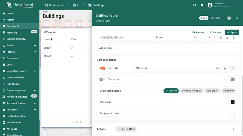 Widget settings panel with configured action and Apply button