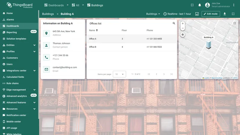 Building state with Office A row highlighted in the Offices list