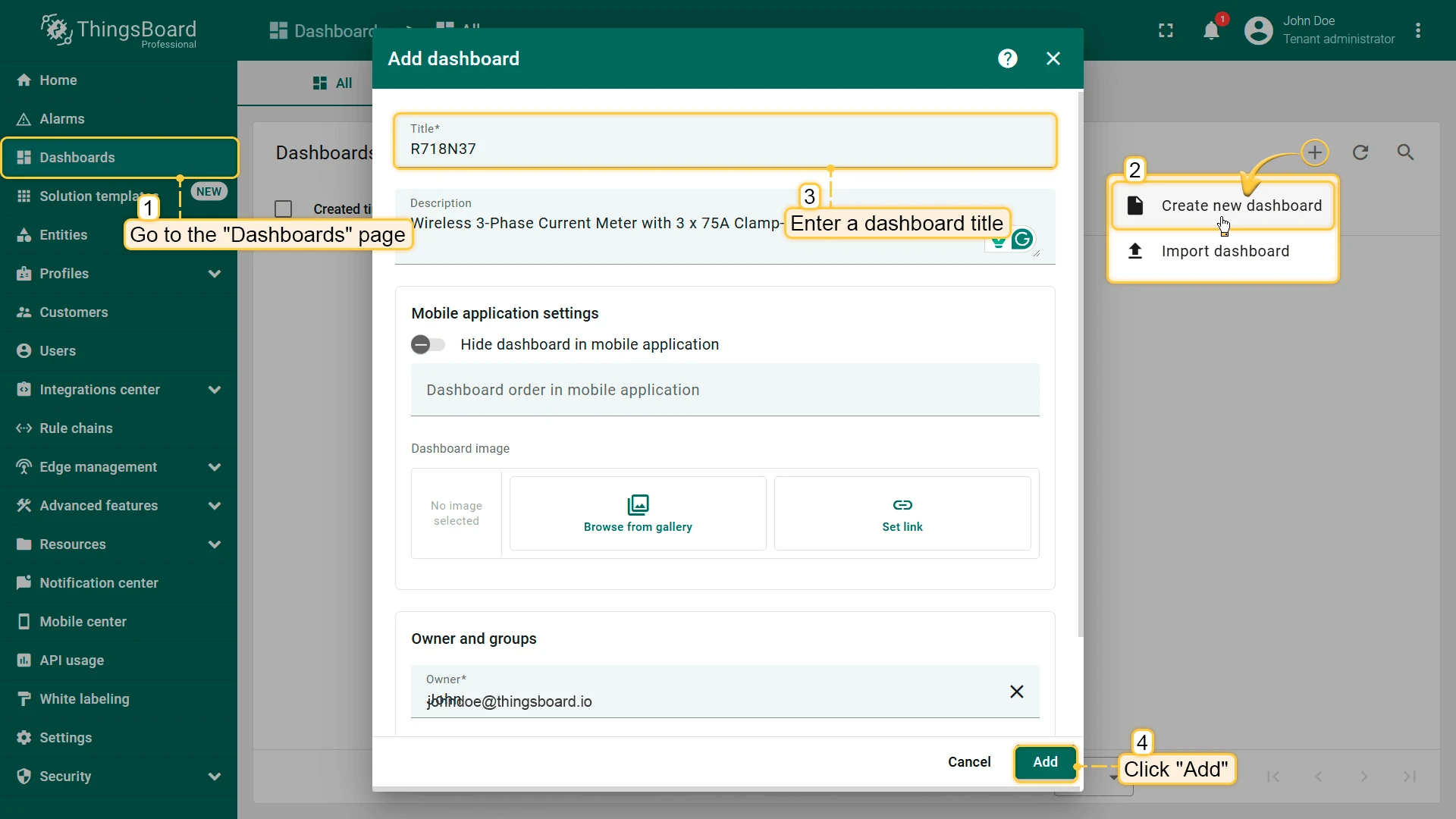 ThingsBoard Dashboards page with Create new dashboard dialog