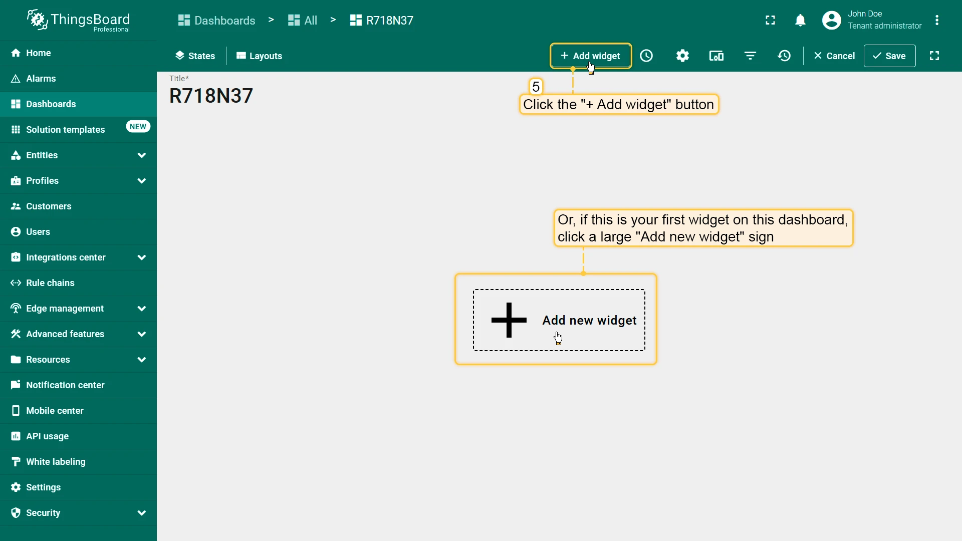 ThingsBoard empty dashboard with Add widget button