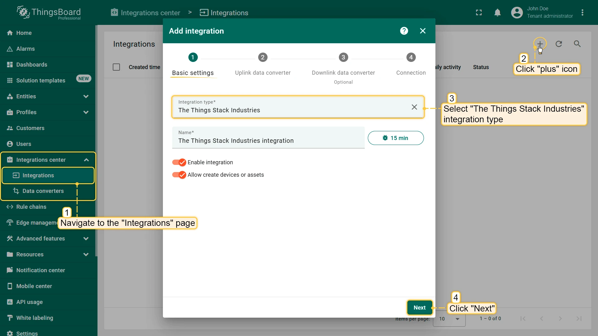 ThingsBoard Integrations page with The Things Stack Community selected