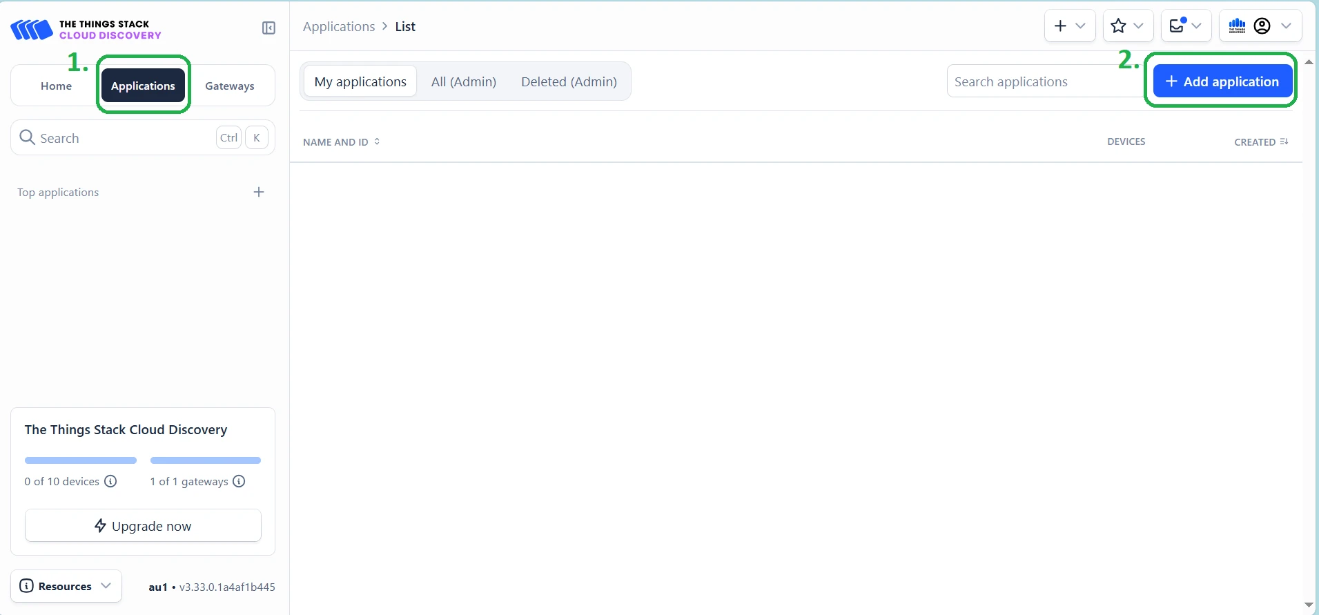 The Things Stack Applications page with Add applications button