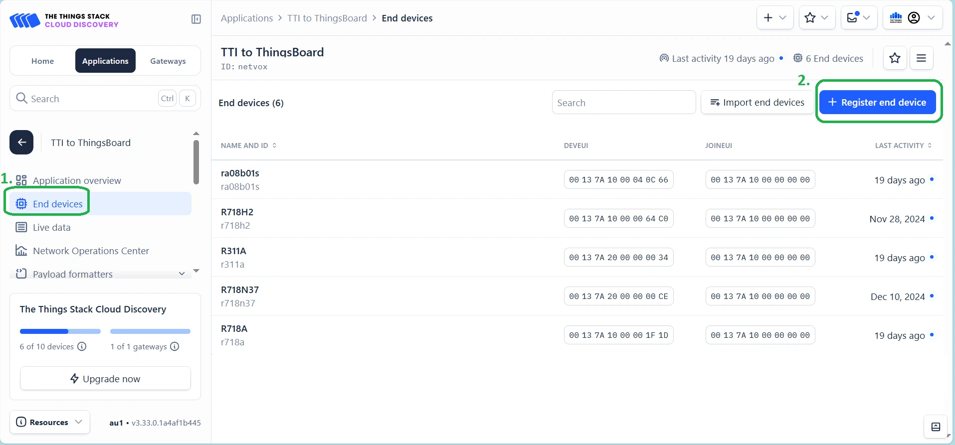 End devices page with Register end device button