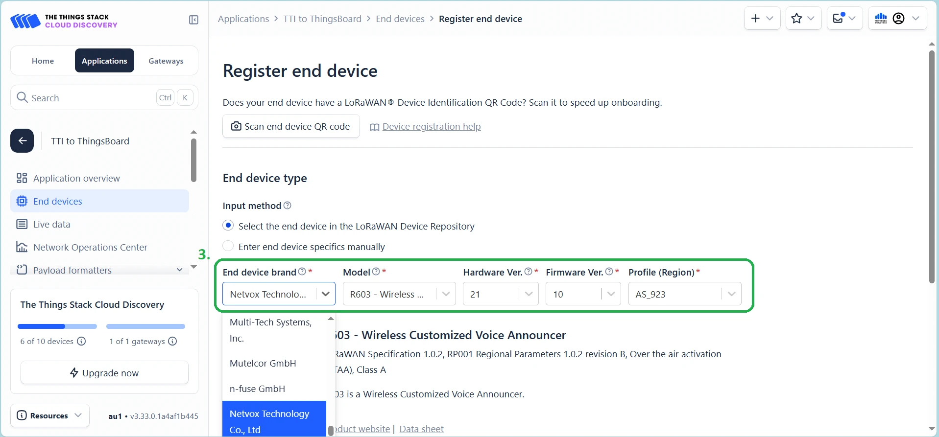 Register end device form with brand, model, and frequency fields