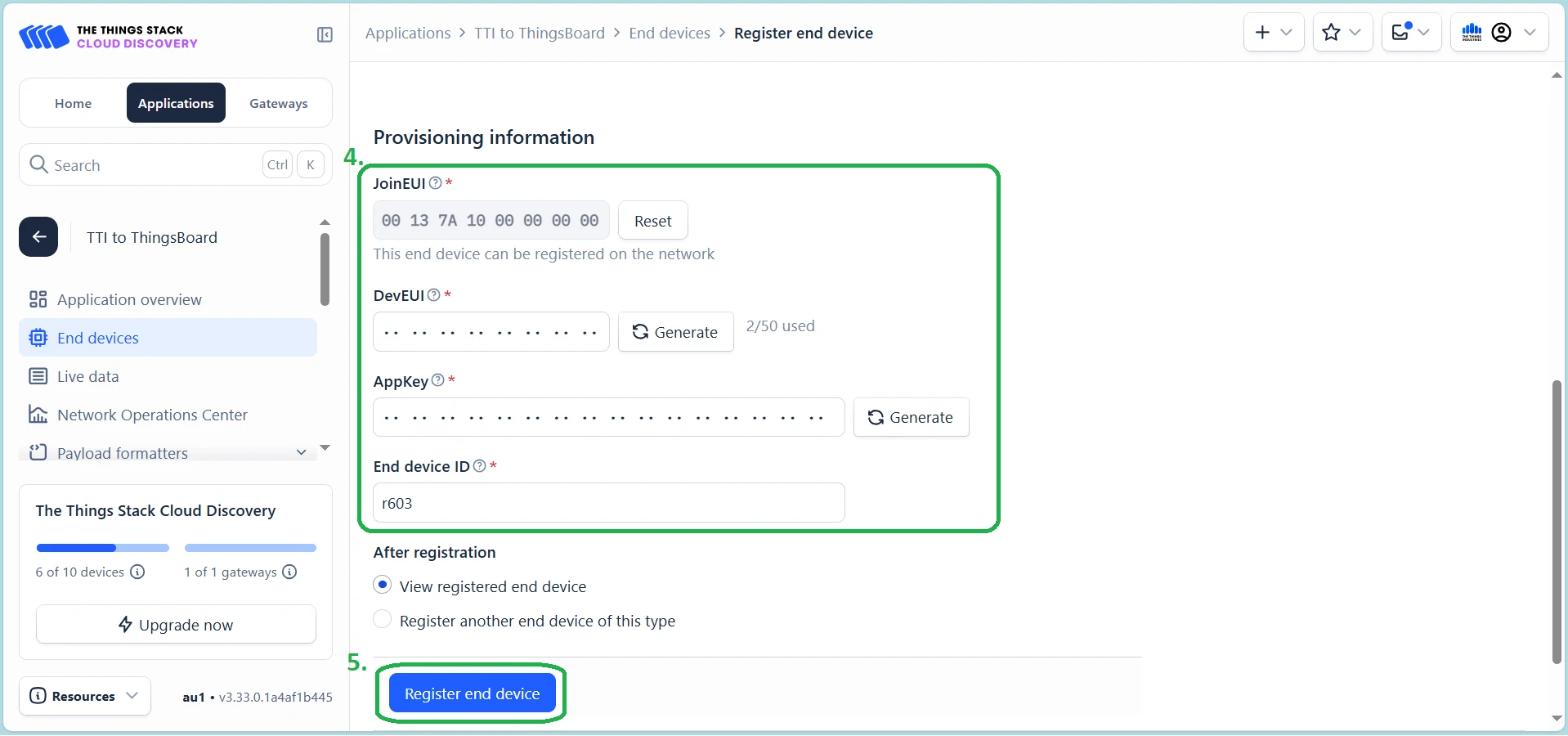 Register end device form with provisioning information