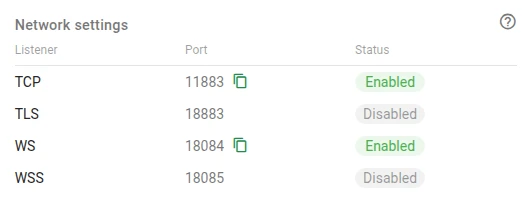 Network settings card showing listener ports and status