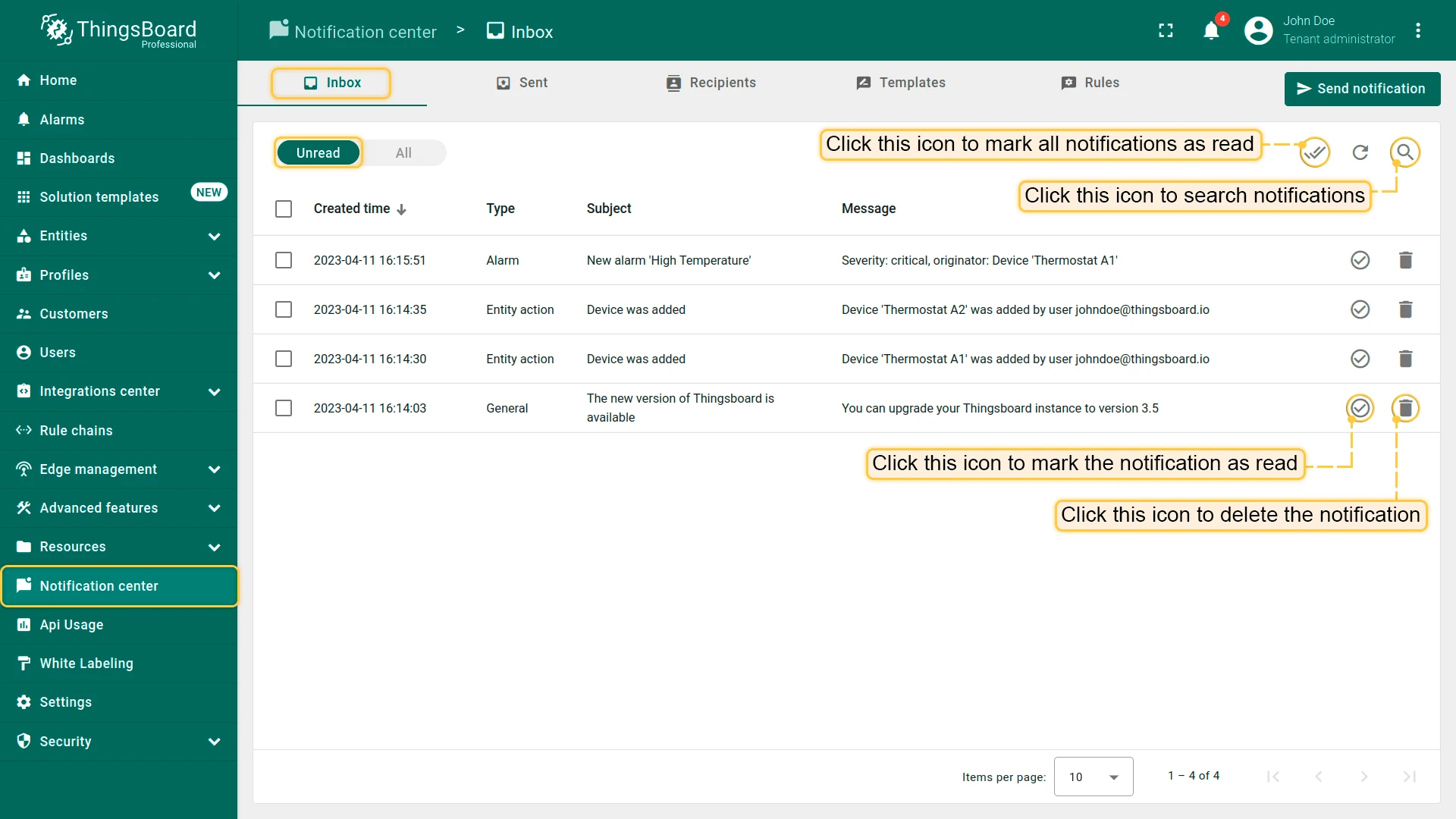 Inbox tab — received notifications with mark as read and delete actions