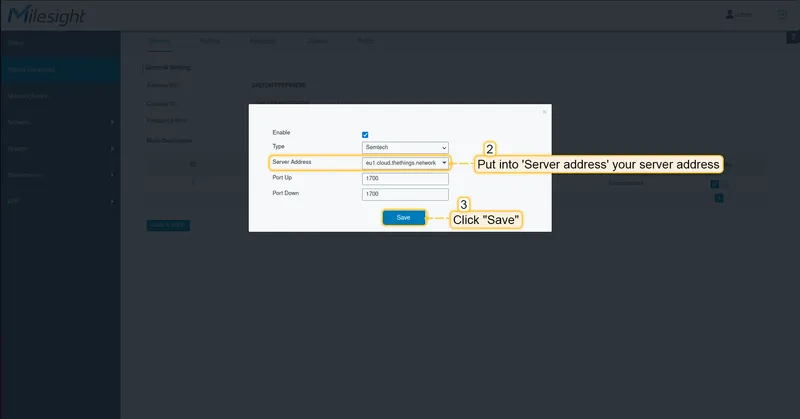 Put into **Server address** your server address, in our case it is **eu1.cloud.thethings.network**. Click "**Save**" button.