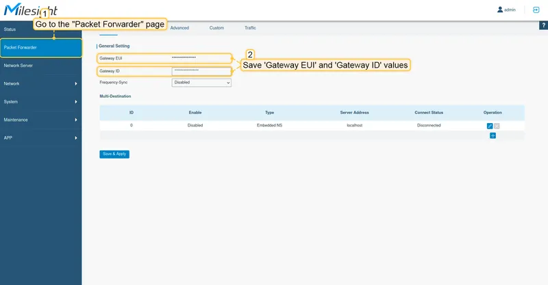 Open **Packet Forwarder** in the left menu and save **Gateway EUI** and **Gateway ID**, we will need them to create a gateway on network server.