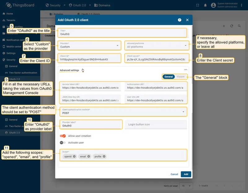 Auth0 OAuth client configuration in ThingsBoard