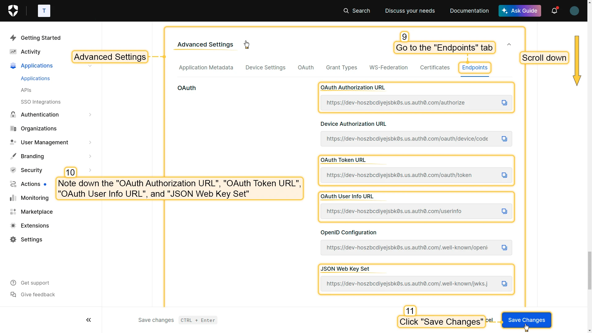 Auth0 Advanced Settings endpoints
