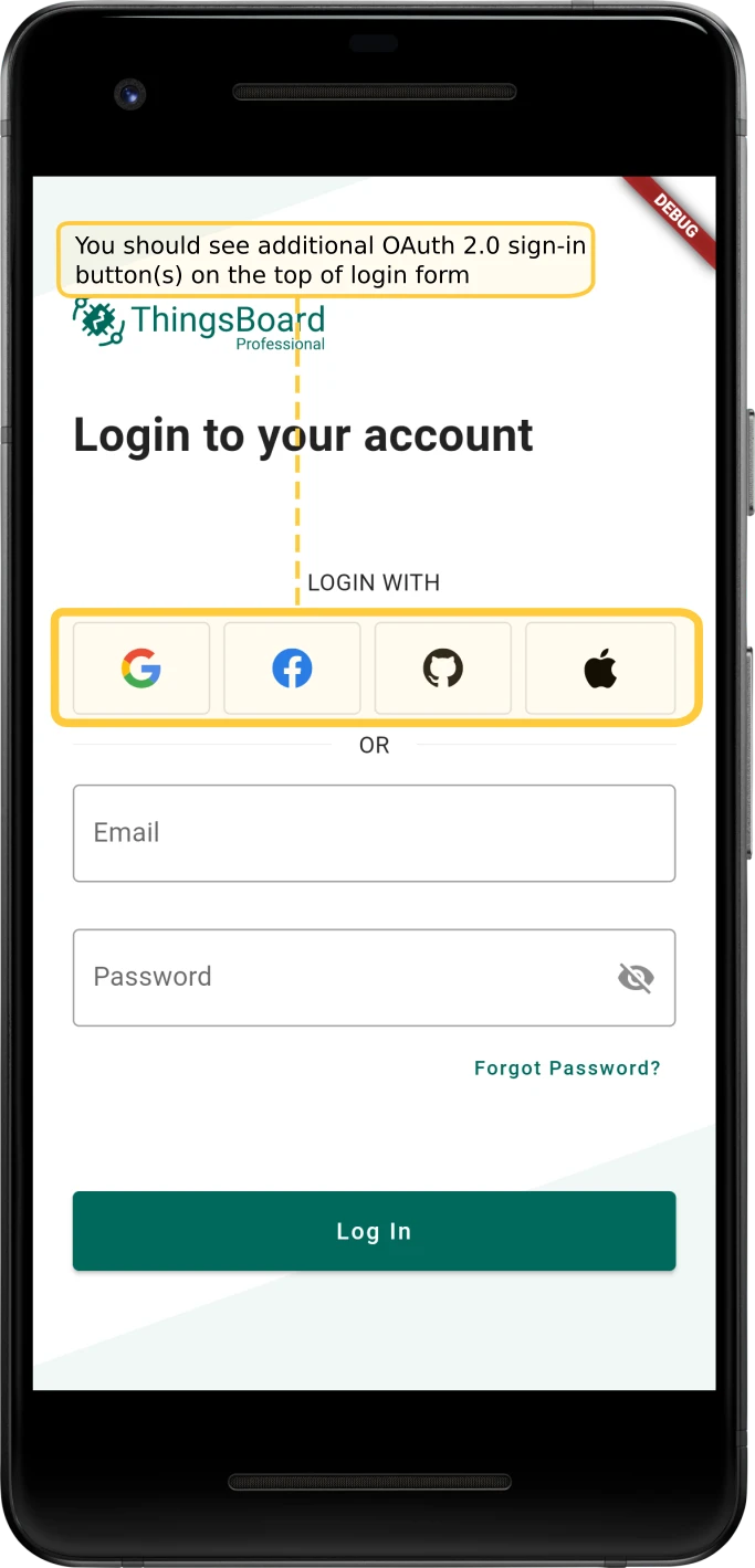OAuth 2.0 sign-in buttons on login screen
