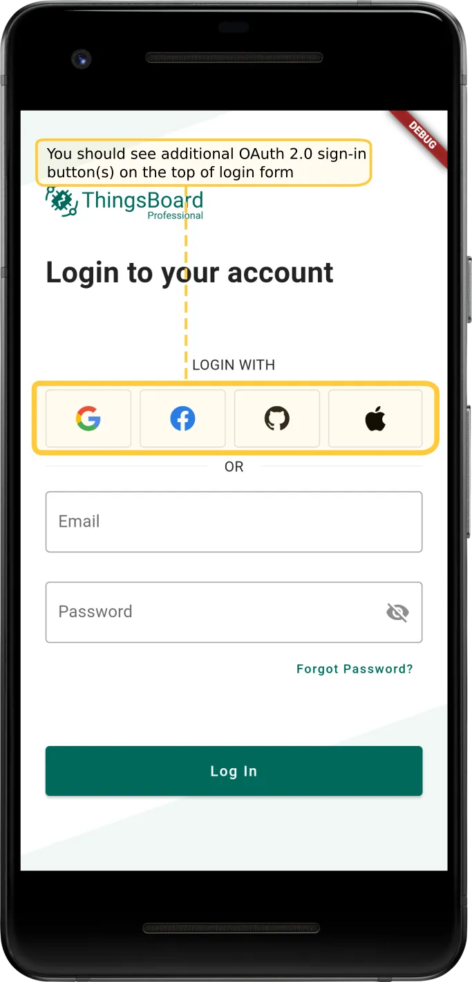 OAuth 2.0 sign-in buttons on login screen