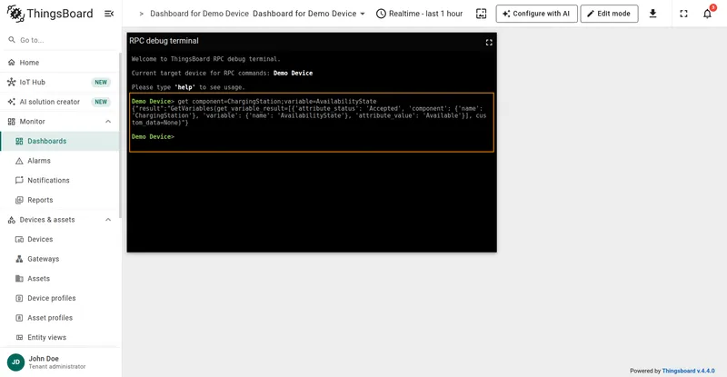 OCPP GET RPC result showing the Charging Station availability state