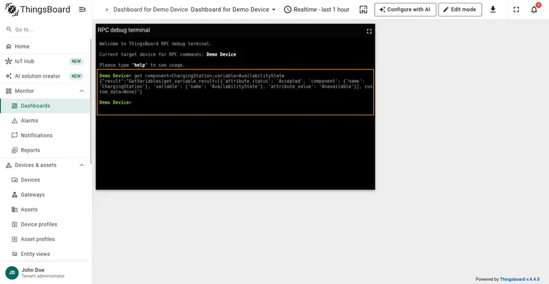 OCPP GET RPC confirming the new availability state value