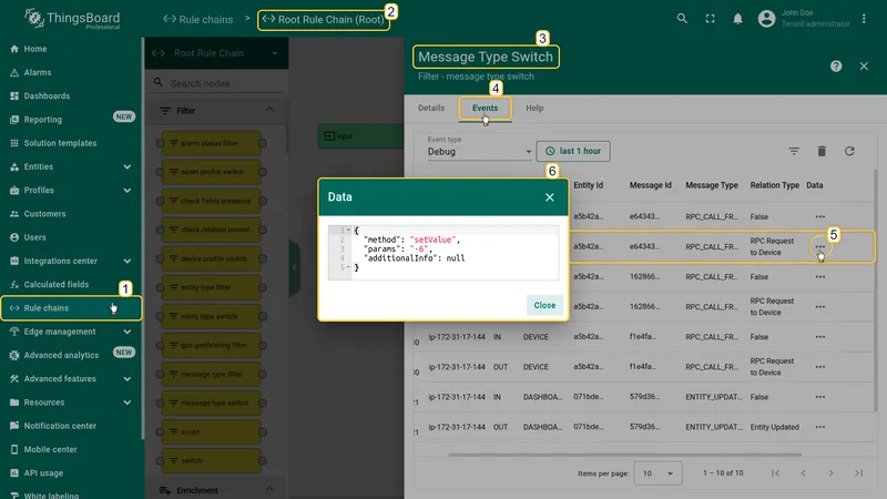 Message Type Switch node Events tab — Data popup showing RPC payload: method setValue, params "-6", additionalInfo null