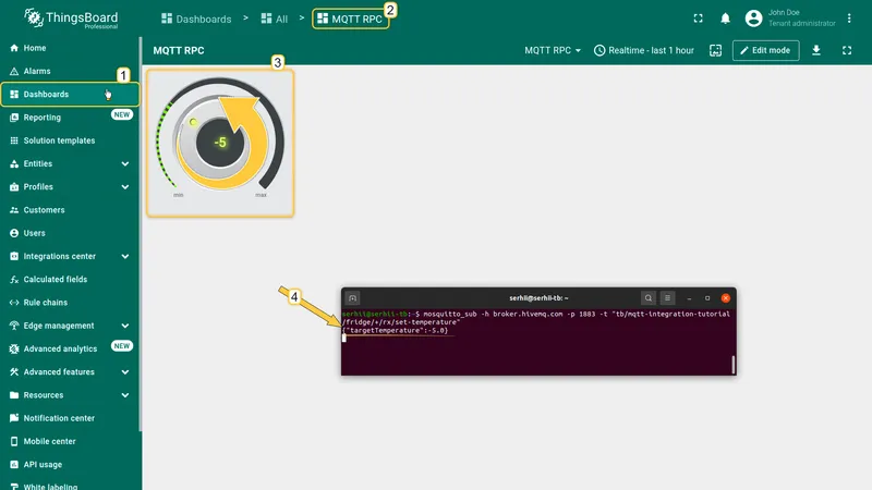MQTT RPC dashboard with Knob Control at value -5 and terminal showing {"targetTemperature":-5.0}