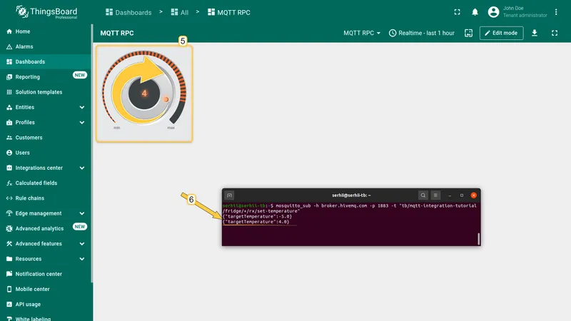 MQTT RPC dashboard with Knob Control at value 4 and terminal showing {"targetTemperature":-5.0} then {"targetTemperature":4.0}
