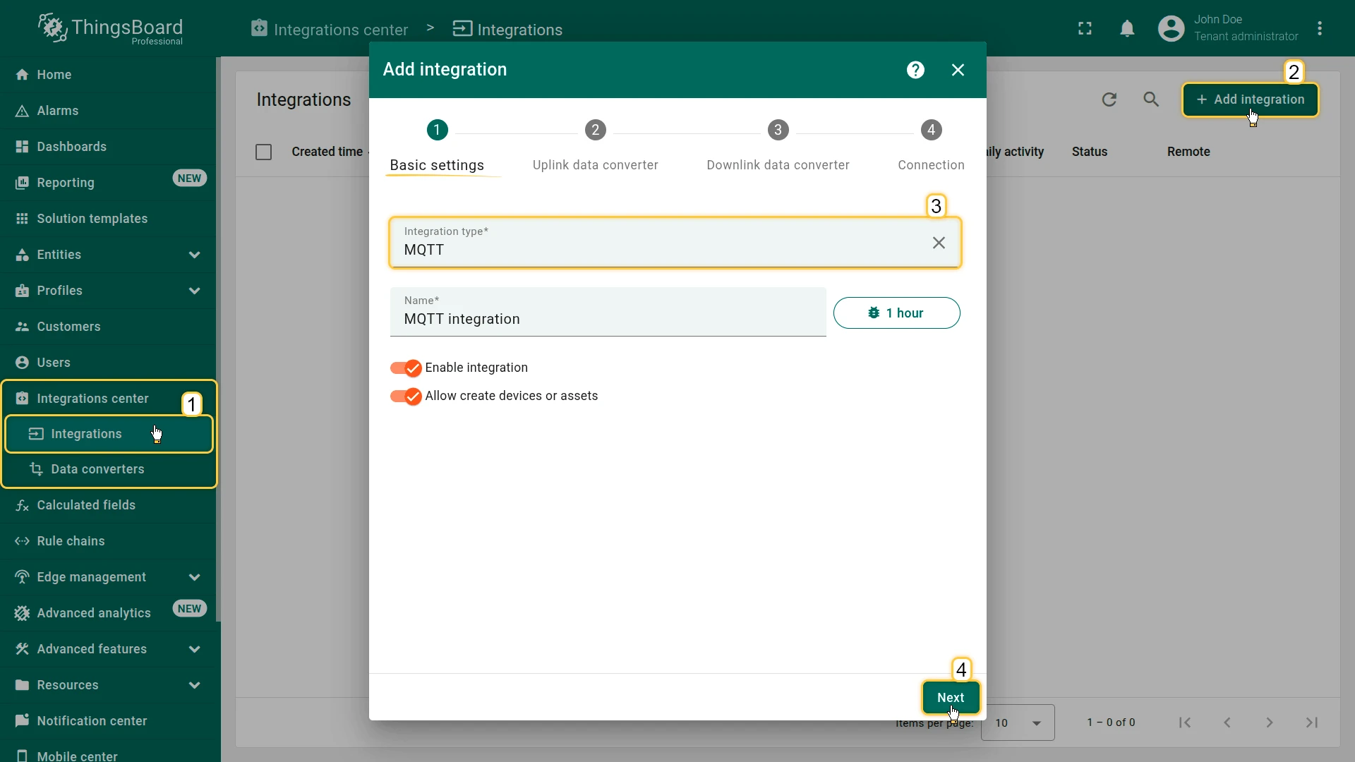 Add integration wizard — step 1 Basic settings: Integration type MQTT, name "MQTT integration", Enable integration and Allow create devices or assets toggles on, Next button