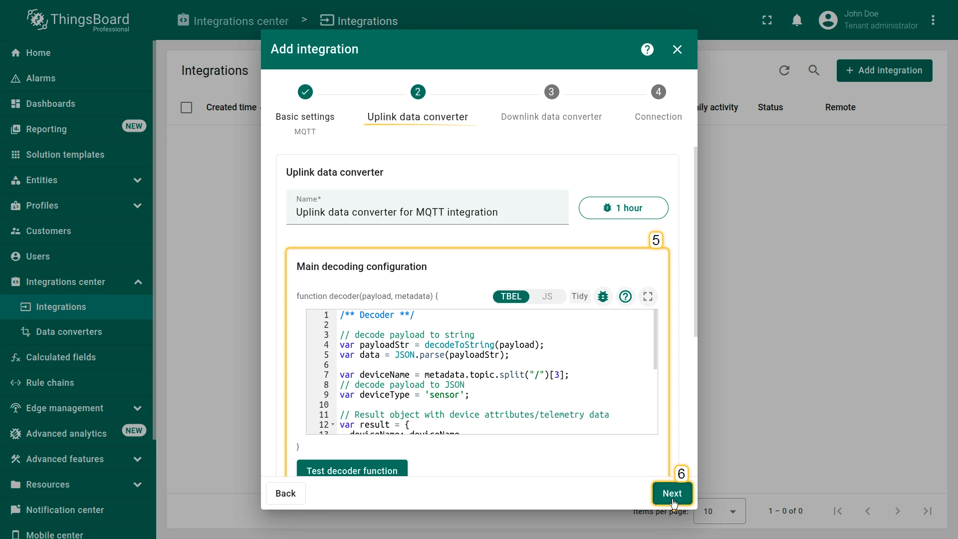 Add integration wizard — step 2 Uplink data converter: name "Uplink data converter for MQTT integration", TBEL decoder script in Main decoding configuration, Next button