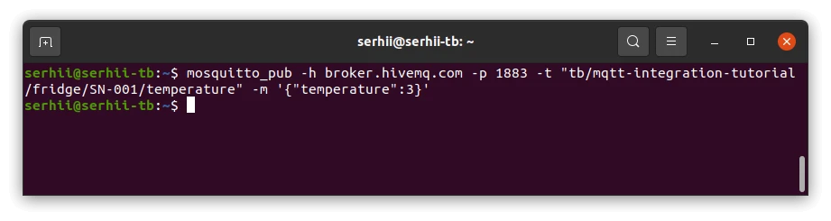 Terminal window showing mosquitto_pub command publishing temperature reading to the MQTT broker