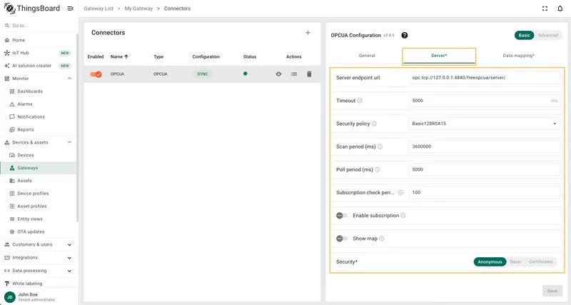 OPC-UA server connection settings