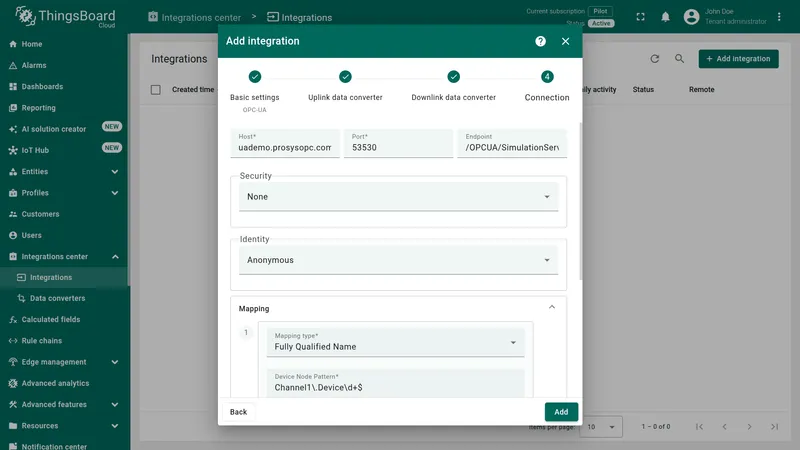 Add integration wizard — Connection step showing Host, Port, Endpoint, Security None, Identity Anonymous