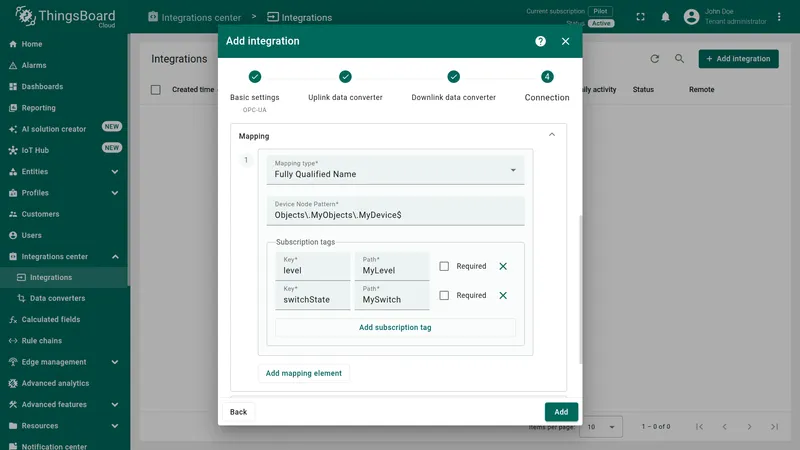 Add integration wizard — Mapping section with Device Node Pattern set to Objects.MyObjects.MyDevice$ and two subscription tags: level mapped to MyLevel and switchState mapped to MySwitch