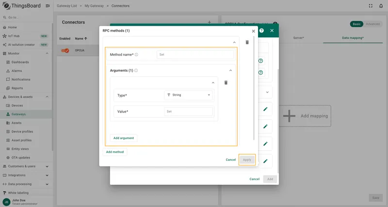 Fill in Method name, add arguments and click Apply
