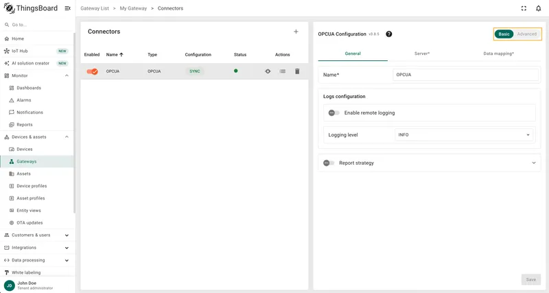 OPC-UA modes toggle