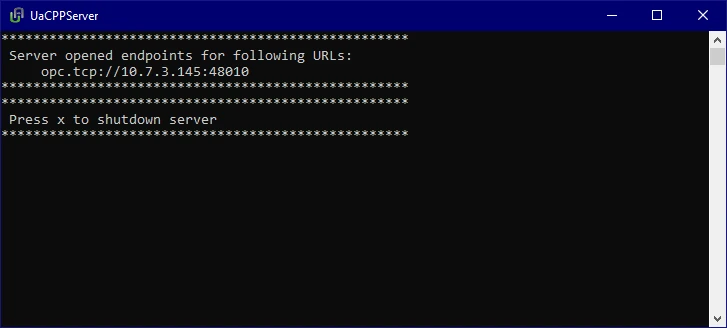 UaCPPServer console showing endpoint URLs